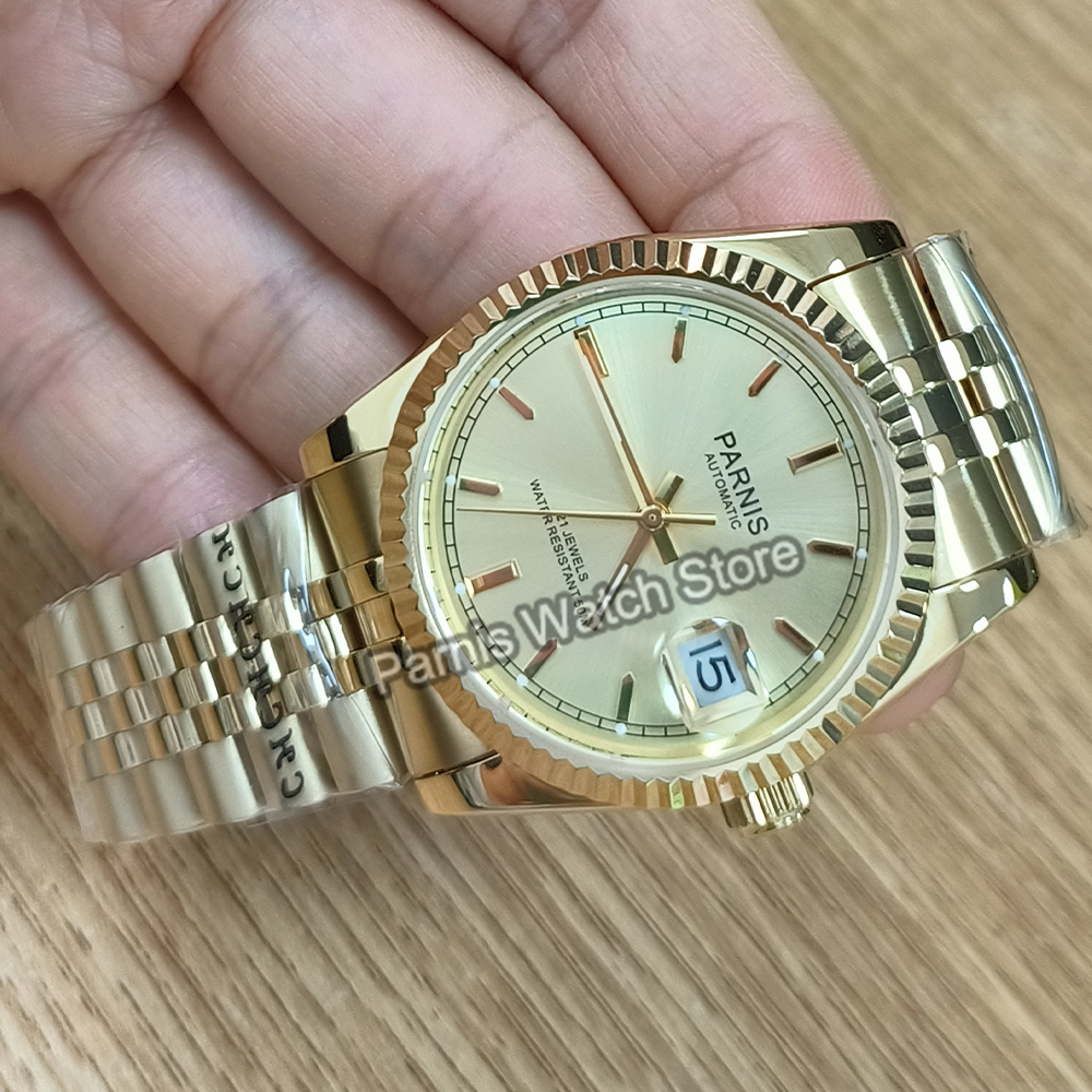 Parnis 36mm cor dourada marca  - Rolex Watch Datejust avaliação e preço